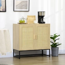HOMCOM Accent Cabinet Buffet Cabinet with Rattan Doors Adjustable Shelf