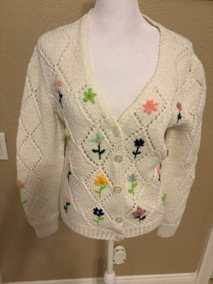 Vintage Women s Hand Knitted Floral Cardigan, Medium, Cottagecore