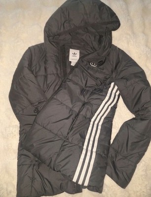 Adidas Daunenjacke schwarz Gr. 38 mit Kapuze 3 Streifen