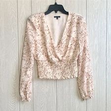 Violets & Roses Beige Pink Floral V-Neck Blouse Small NWOT