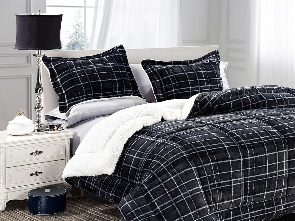 Plush Microsuede Plaid Comforter Set, Full/Queen, Black - Image 3 of 4