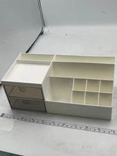 Desk Organizer Plastic 2 Drawer Jewelry Makeup Storage Tray 10 Compartment White