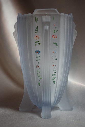 Art Deco 5 3/4" Blue Frosted Art Glass Vase Hand Painted Flowers - Picture 9 of 18