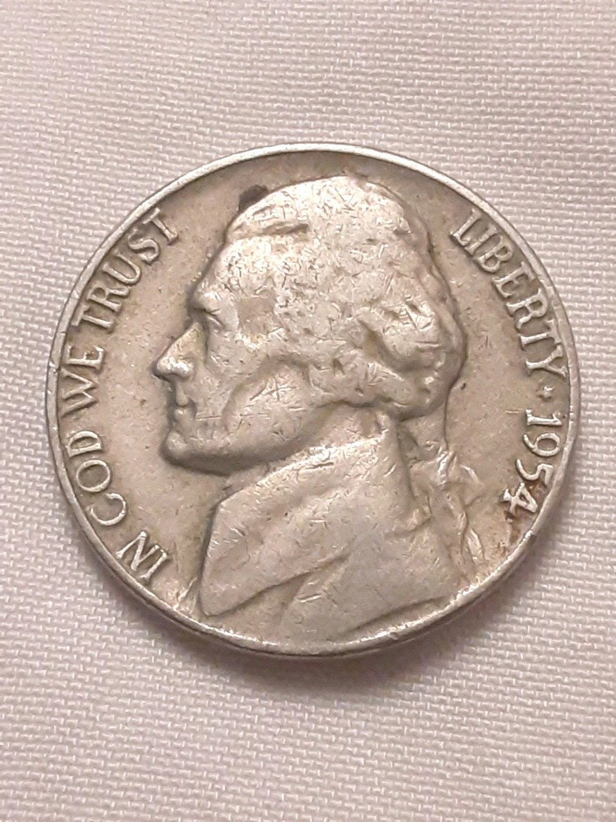 1954-d/D/S Jefferson Nickel Coin F-VF Condition Strike Through Die