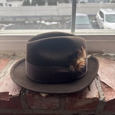 VINTAGE Mallory Fedora Hat with Bow  Feathers Brown Sz 6 7/8 Unisex Mr Whatsit