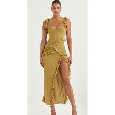 House of CB Mustard Pixie Olive Ruffle Maxi Dress High Slit - M