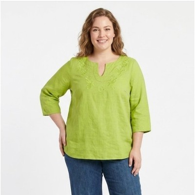 Carole Little size 1X Green Embroidered 100% Linen Y Neck 3/4 Sleeve Blouse
