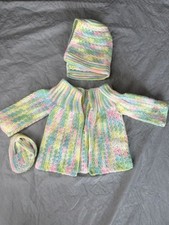Vintage Infant Crochet Yellow Pink Sweater bonnet booties handmade