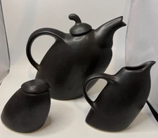 Michael Lambert Signed Matte Black Coffee Pot Sugar Creamer Set