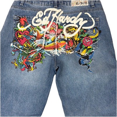 Ed Hardy Jeans Tatoo Women's 28x33 Baggy Full Print Backside Koi Dragon Snake