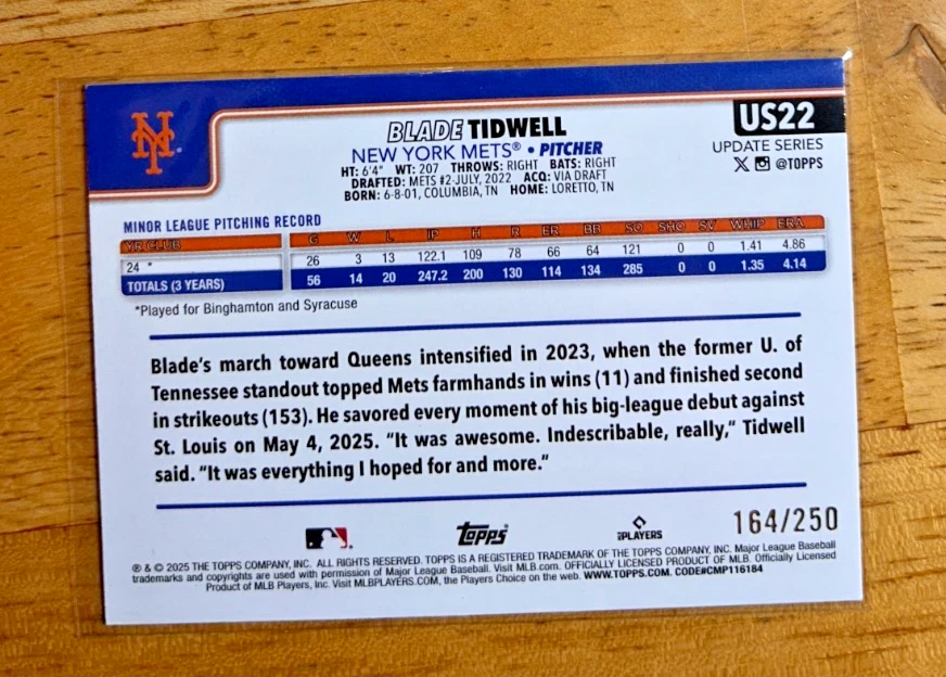 Blade Tidwell 2025 Topps Update Rookie #US22 Purple Foil /250 RC - Image 2 of 3
