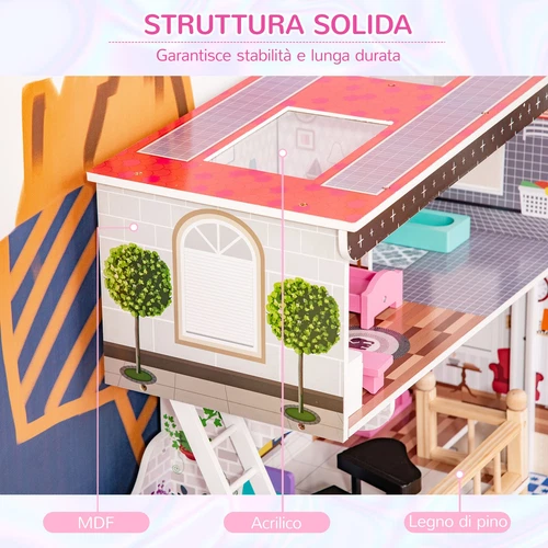 HOMCOM Casa delle Bambole in Legno a 3 Piani con Ascensore e 13 Accessori Rosa - Foto 8 di 10