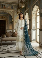 Latest Silk White Kurta Palazzo With Blue Dupatta For Reception Wear