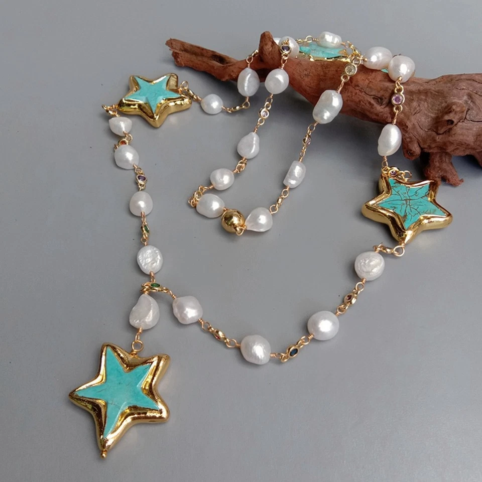 Collar Cadena Rosario Estación Estrella Turquesa Azul Perla Barroca Blanco Cultivado Foto 3 de 4