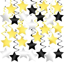 Black, Gold and Silver Star Hanging Swirls - Pack of 60, No DIY | Black and G...