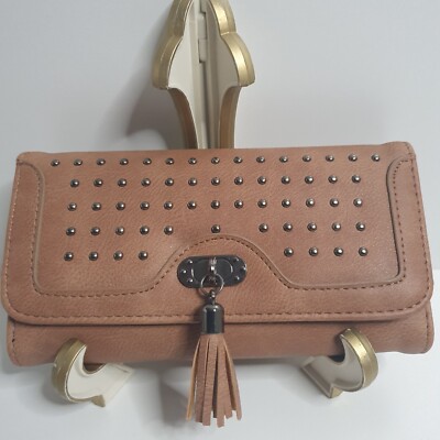 Women's Studded Faux Leather Mocha Envelope Clutch Purse L x