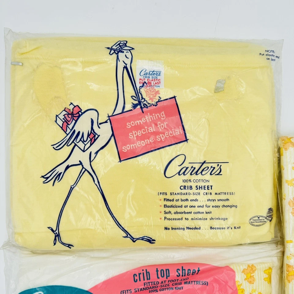 Винтажный Carters 2 резинке детской кроватки простыни и плоский простыни комплект из 3 середины века новый - Изображение 2 из 4
