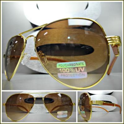 Men's CLASSIC VINTAGE RETRO Style SUN GLASSES Gold & Faux Wood Frame Honey Lens