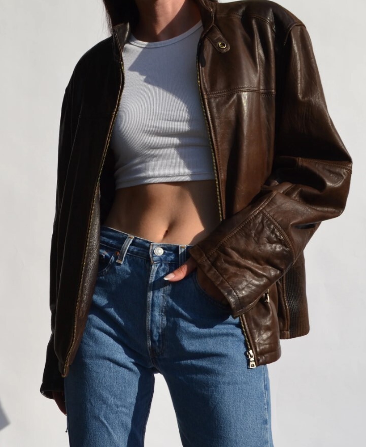 Women Oversize 90's Vintage Style Bomber Lambskin Brown Biker
