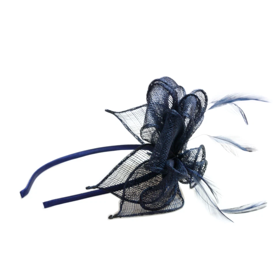 Navy Blue Fascinator Alice Hair Band with Stiffened Net Loops and Feather Ten... - Image 4 of 4