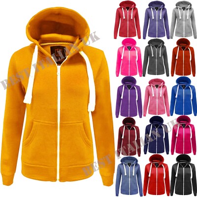 Ladies Womens Plain Zip Up Hoodie Sweatshirt Fleece Jacket Hooded Top 8 To 22UK