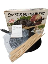 Acme 8 1/2" Non Stick Stir Fry Wok 5pc. Set Xylan Pan Rack Wood Spatula New NOS