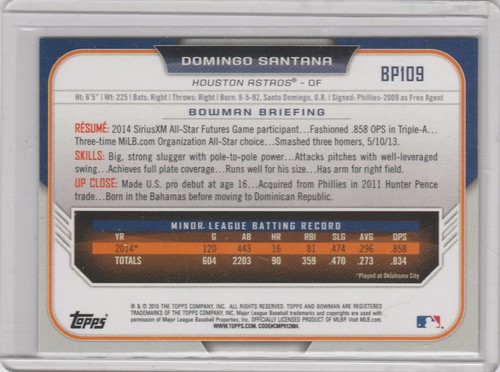 2015 Bowman Prospects Black-Red #bp109 Domingo Santana Astros - Picture 2 of 2