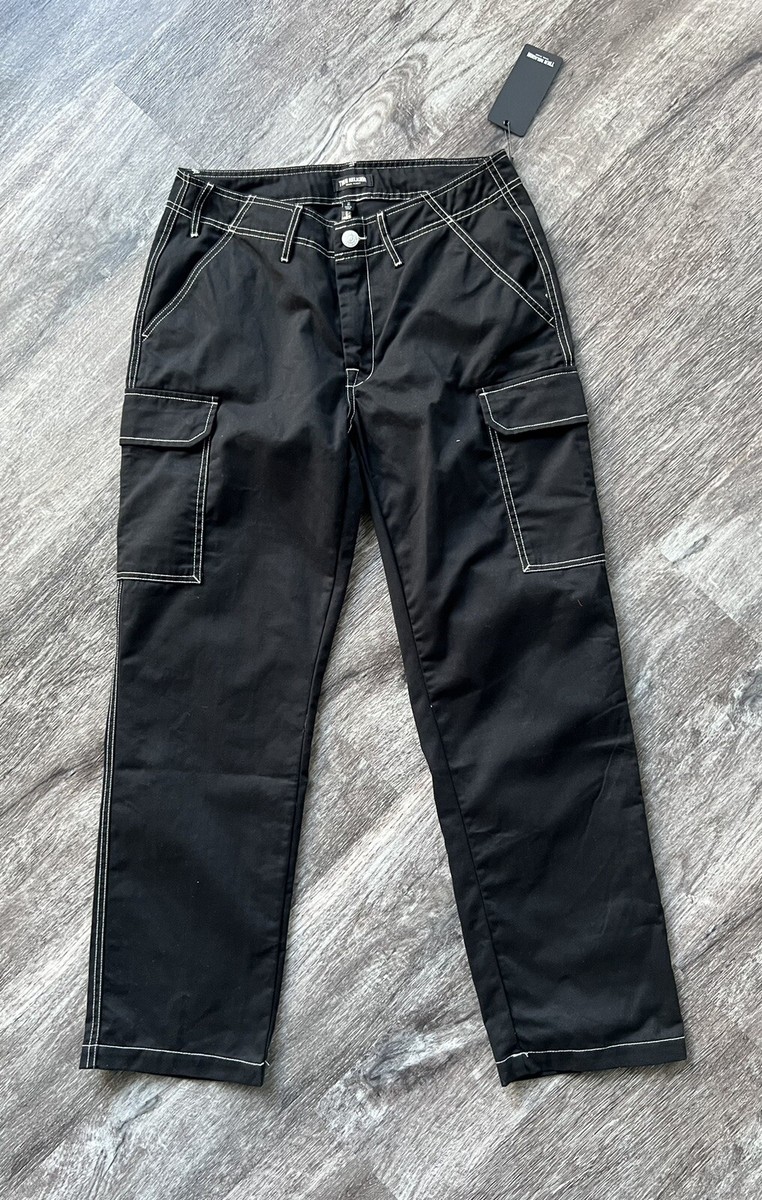 True Religion Jeans Cargo Pants Jet Black White Back Pockets