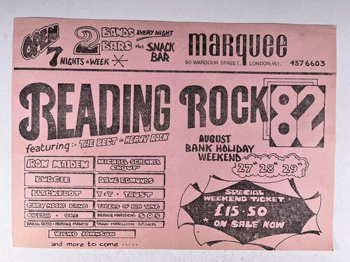 Iron Maiden Reading 1982 Flyer Marillion Samson Original Marquee Club Juillet