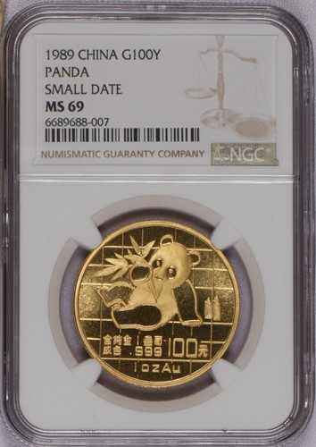 Panda oro 1989 piccola data 1 oncia 100 Yuan NGC MS69