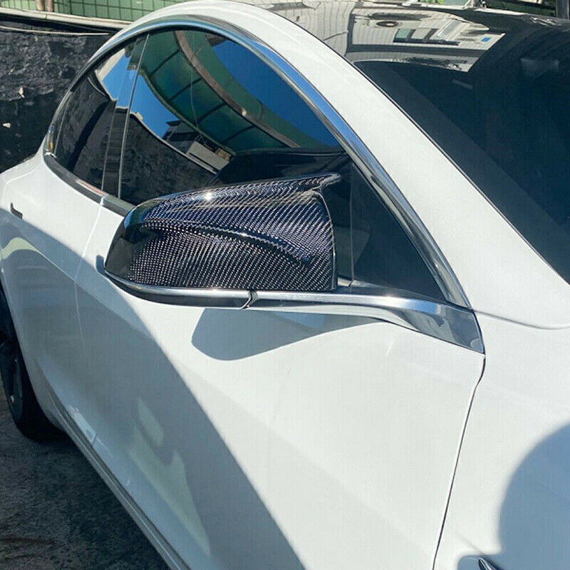 Carbon Fiber Look Side Mirror Covers For Tesla Model 3 2017-2023 – Self-Adhesive Pair – Horn Style