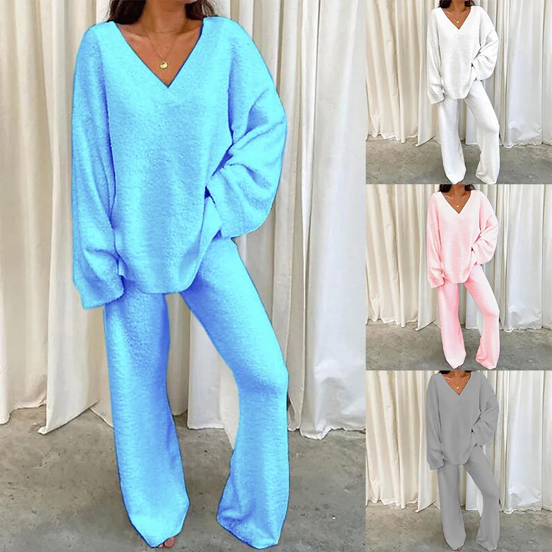Women Pajamas Pants V-neck Long Raglan Sleeve Pants Shirt Lounge Sleepwear  Solid