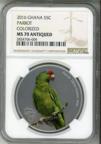 2016 GHANA 5 CEDIS   PARROT - COLORIZED - ANTIQUED  NGC MS 70 - TOP POP