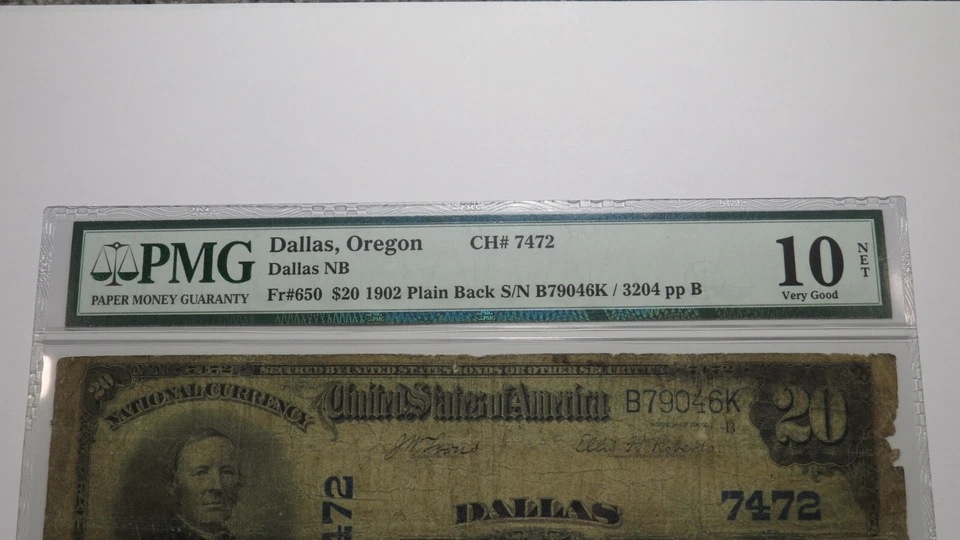 $20 1902 Dallas Oregon OR National Currency Bank Note Bill Ch. #7472 VG10 PMG - Image 2 of 3