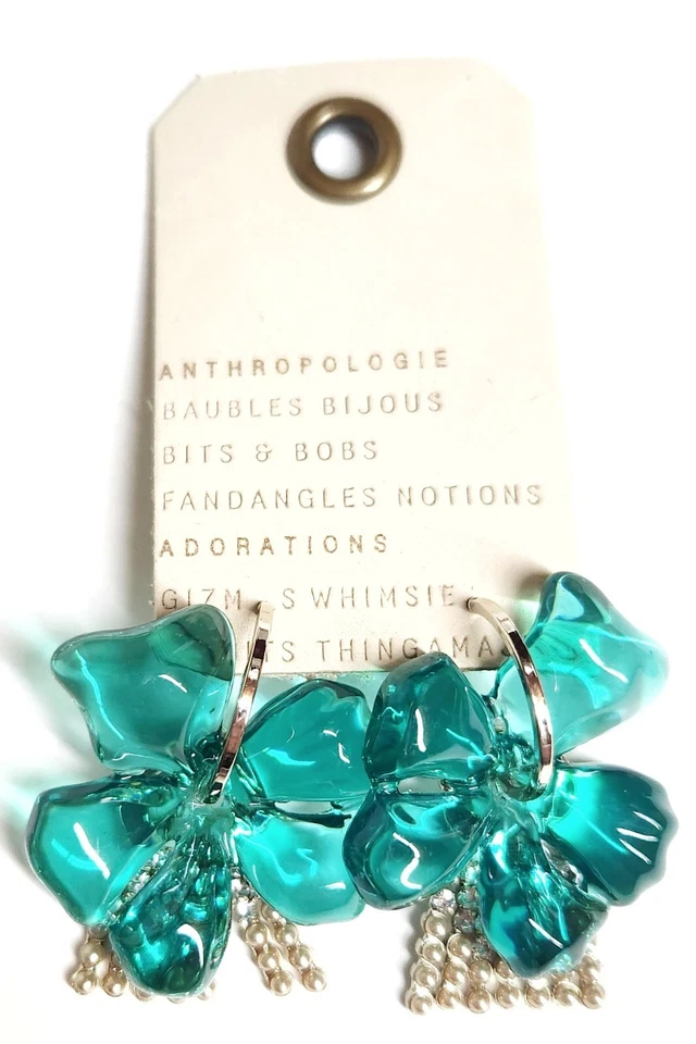 Pendientes Anthropologie Grandes Flores Resina Azul Multi Tono Plateado Latón Nuevos con Etiquetas Foto 2 de 4