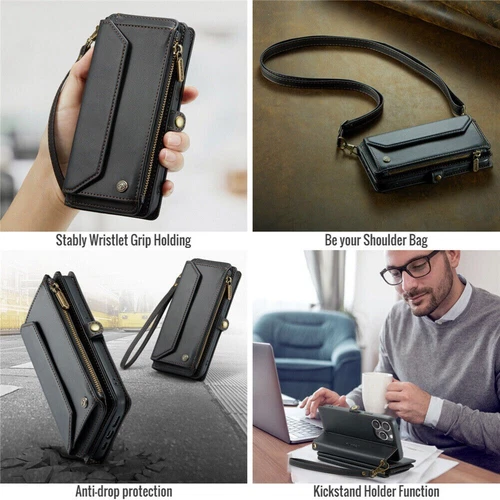 For iPhone 16 15 14 13 12 Pro Max Plus Case Wallet Leather ZIP Bag Strap Cover - Picture 44 of 84