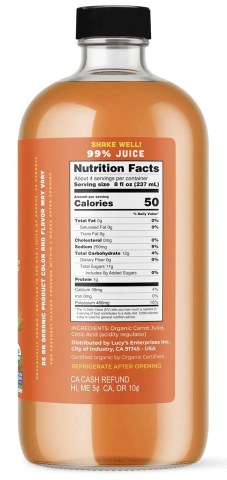 Lucy’s 99% Pure Carrot Juice - Organic, Non-GMO, Cold Pressed- 34Oz Glass Bottle - Image 3 of 4