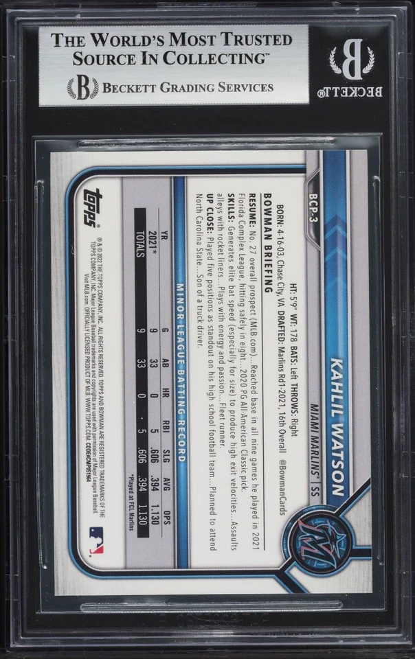 2022 Bowman Chrome Sapphire Edition Kahlil Watson ROOKIE #BCP-3 BGS 8.5 NM-MT+ - Image 2 of 2