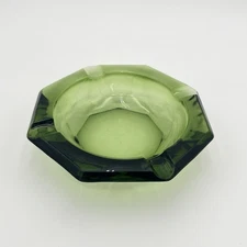 Vintage Green Octagonal Glass Ashtray 4 Slot Cigar Cigarette Mid Century