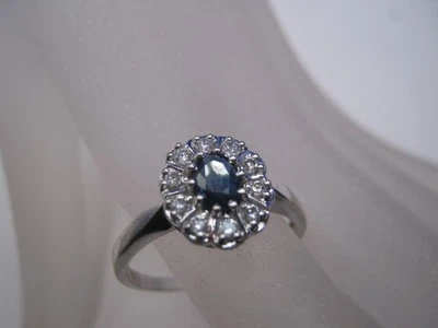 Bague Grappe Saphir Diamant Or Blanc 18K 0,20 ct Poids 4,3 g Taille 62 Vintage - Photo 1/4
