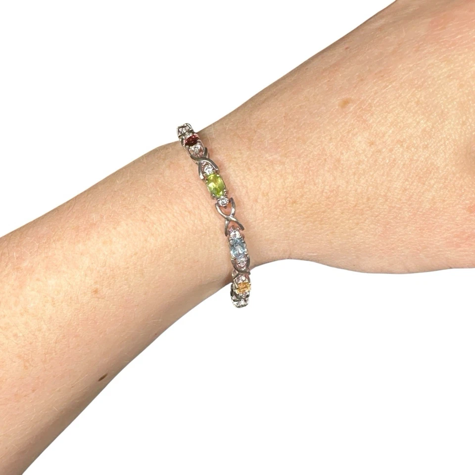 DBJ Vintage Sterling Silver 925 Multi Colored Gemstone XO Tennis Bracelet 7.5” - Image 4 of 4