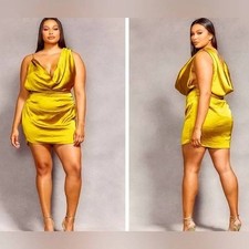 Prettylittlething x Naomi Campbell Satin Cartreuse Cowl Neck Bodycon Dress NWT