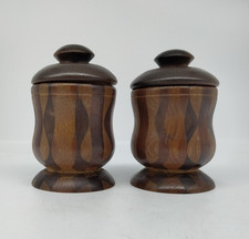 Set of 2 Handcrafted Inlaid Turned Wooden Lidded Jars 5.5" Tall Signed Read 