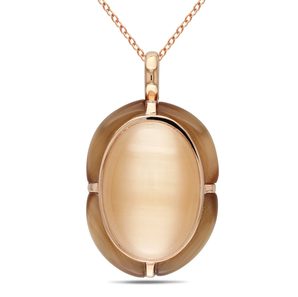 Amour Rose Silver Simulated Champagne & Coffee Cat Eye Oval Pendant & Chain