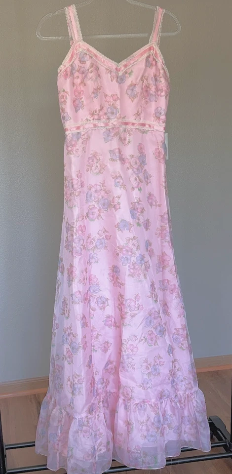 60s 70s Lorrie Deb Pink Sheer Floral Print Ruffle Cottagecore Prairie Dress - Image 2 of 4