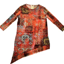 Fuzzi Women Asymmetrical Mesh Blouse Top Red Abstract Print SZ M Made in Italy
