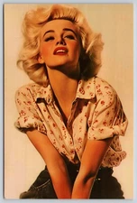 Postcard Hometown Blonde Pinup in Buttoned White Top with Rolled Sleeves
