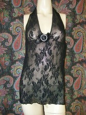 Leg Avenue Black Sheer Knit Lace Body Hugging Halter Babydoll Mini Nighty O/S