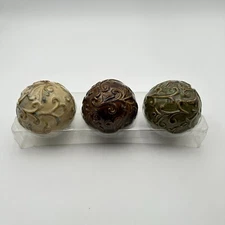 Set Of 3 Glazed Ceramic Decorative Orbs Filler Balls Embossed Vine Design