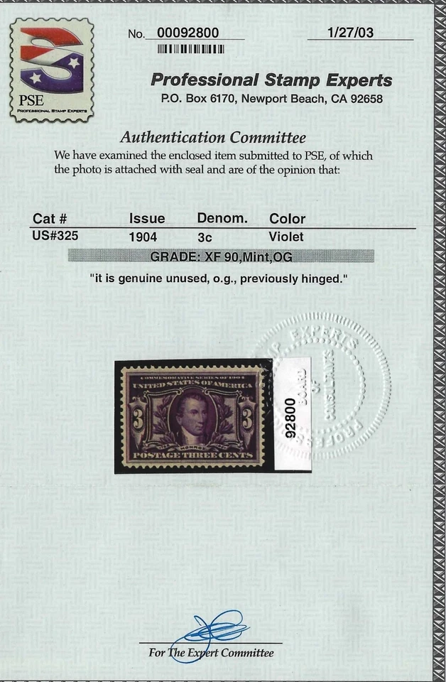US Scott # 325 - Mint OG VLH - PSE Graded XF 90                           (P-16) - Image 3 of 3